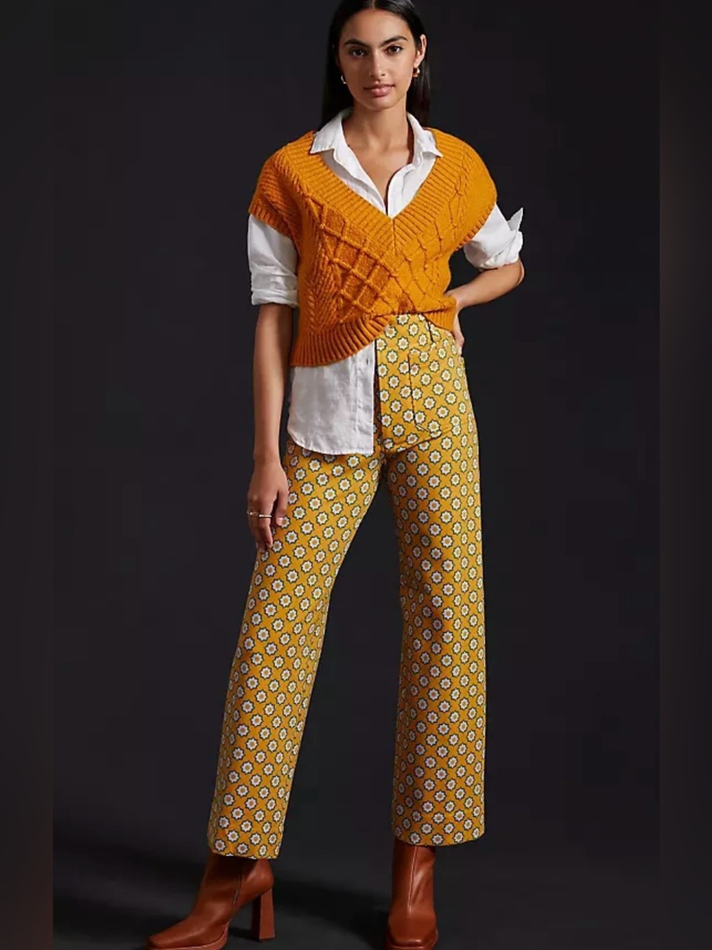 Anthropologie Mustard Yellow Wide Leg Printed Pants